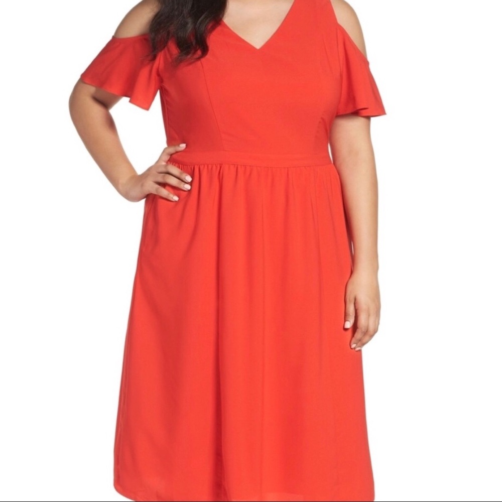 Red Orange V-neck Cold Shoulder Dress